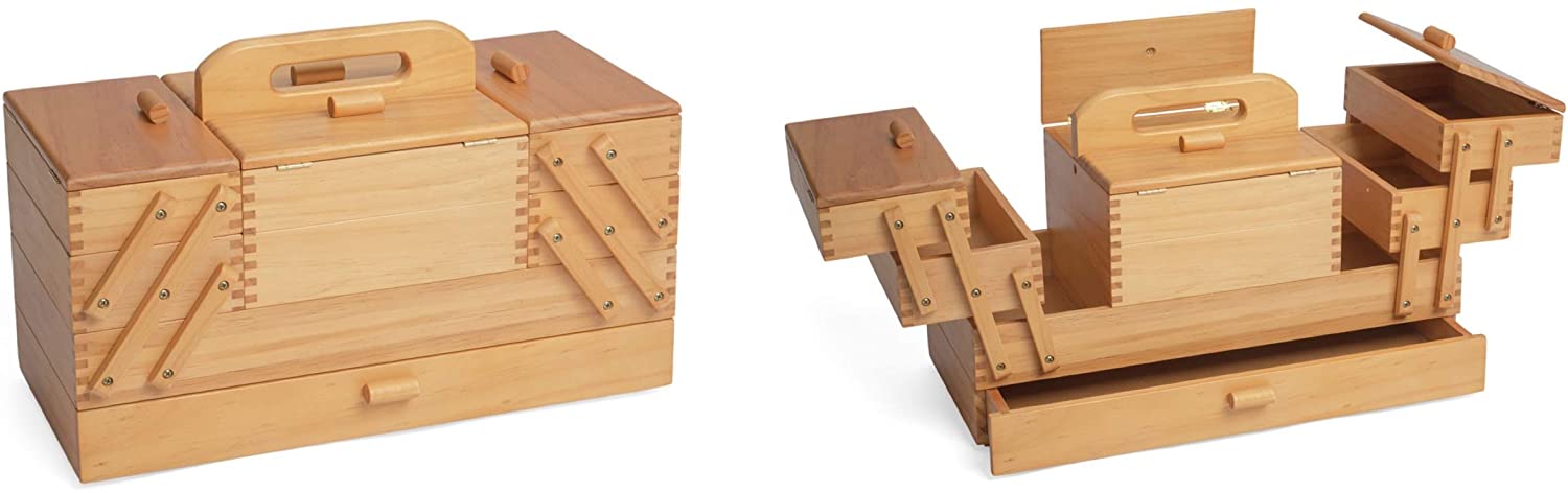 Hobby Gift Wooden Cantilever Sewing Crafting Hobby Storage Box, GB9590, 3 Tier with Drawer, 23 x 45 x 27.4cm