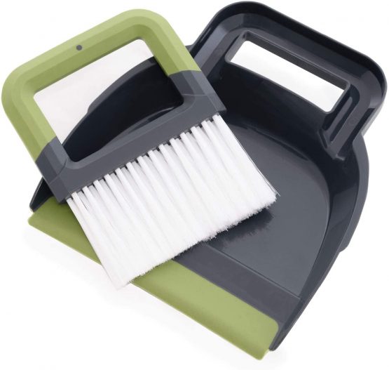 CleanPEAK Mini Portable Dustpan and Brush Set with Soft Grip Handle - 21cm x 19cm x 3cm – Grey / Green