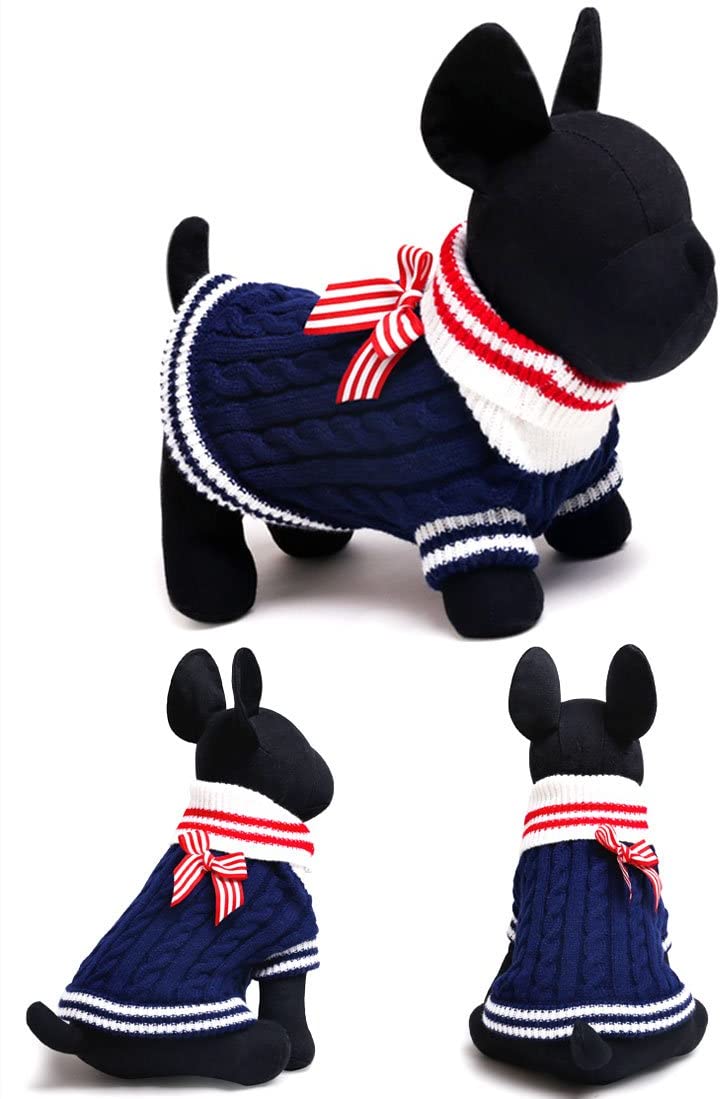 SMALLLEE_LUCKY_STORE Small Dog Sweater Navy Knitwear Cat Jumper Puppy Pet Clothes Bowknot Blue L - Image 4