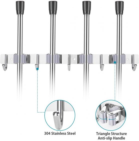 SHYOSUCCE Broom Mop Holder, Stainless Steel Broom Storage with 4 Racks and 5 Hooks, Wall Mounted Organizer for Kitchen, Bathroom, Garage and Garden, Gray - Image 2