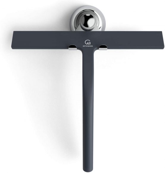 GÜTEWERK shower squeegee black 9 in - incl. chrome suction cup hook - stainless steel core - silicone rubber squeegees for bathroom cleaning - window screen wiper cleaner glass scraper blade showers