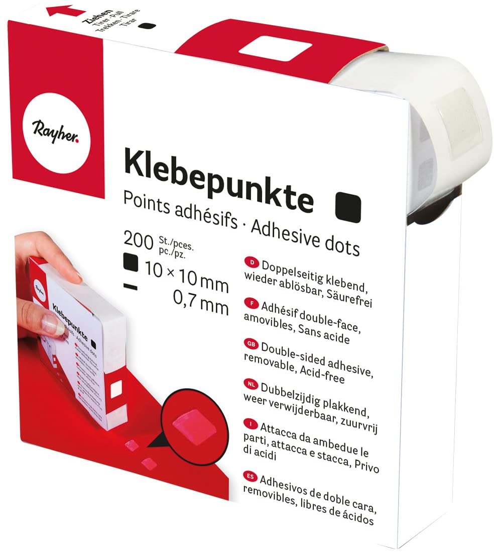 RAYHER HOBBY 30057000 Glue Dots Pack of 200 – 10 x 10 mm (Pack of 1 Roll, White, 200 Stück quadratisch