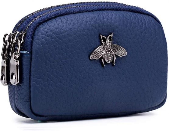 Women's Genuine Leather Coin Purse - Double Zipper Bee Change Pouch Wallet Card Holder Coin Bag Mini Simple Cute Coin Pocket Useful for Ladies Female (Blue)