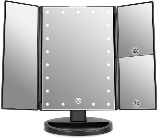 Vanity Makeup Mirror, WEILY 1x/2x/3x Tri-Fold Makeup Mirror with 21 LED Lights and Adjustable Touch Screen Lighted Mirror Dressing Table Countertop Cosmetic Mirrors (Black)