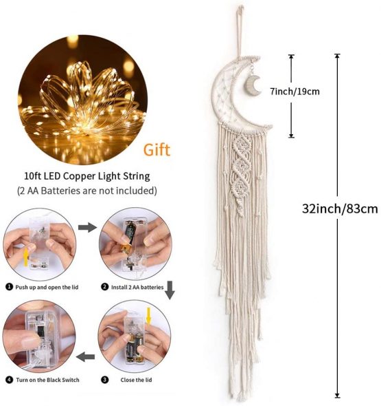 Dremisland Macrame Wall Hanging with LED Light,Moon Dream Catcher Woven Wall Tapestry Bohemian Home Decor for Kids Room Wedding Party Ornaments Craft Gifts - Image 4