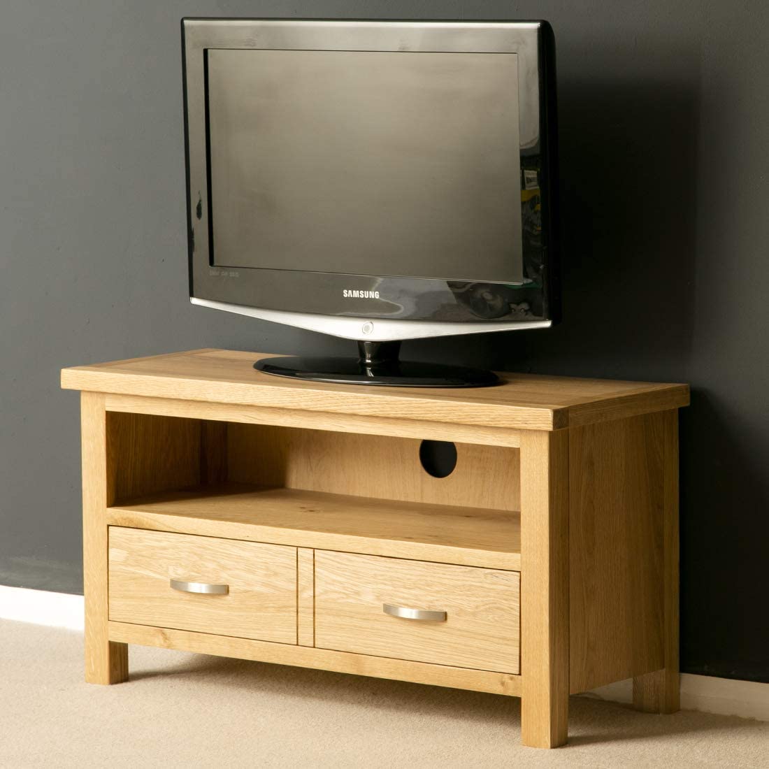 RoselandFurniture London Oak Small TV Unit, Light Lacquered Oak, 48cm x 90cm x 35cm - Image 3