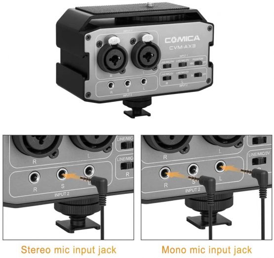 Comica CVM-AX3 Audio Mixer Adapter with 3.5mm/XLR/6.35mm Inputs and Stereo/Mono Output Switch,Camera Microphone Preamplifier for Canon Nikon Sony DSLR Cameras Camcorders Video Shooting - Image 3
