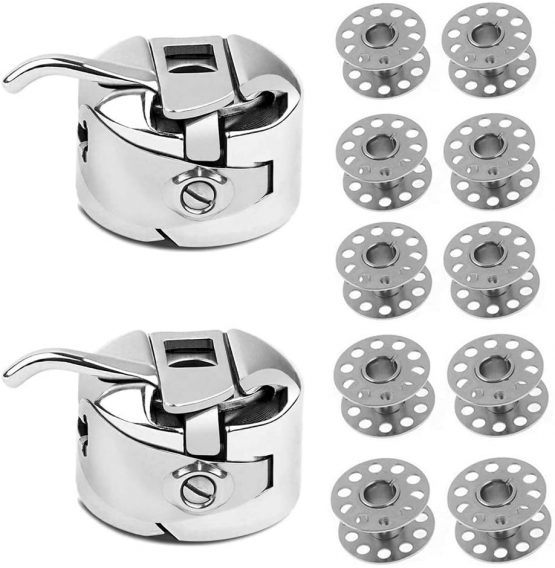 2 Pieces Domestic Sewing Machine Bobbin Cases, 10 Pieces Metal Sewing Machine Bobbins, for Embroidery/Household Sewing Machine/Brother/Singer/Janome/Newhome