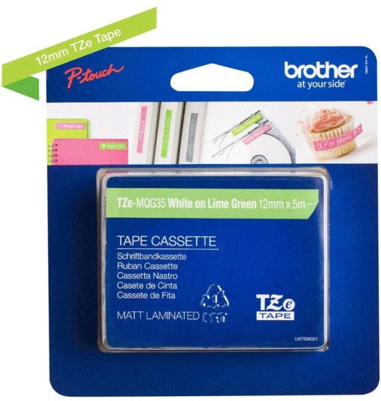 Brother TZe-MQG35 Labelling Tape Cassette, White on Matt Lime Green, 12 mm (W) x 5 m (L), Laminated, Brother Genuine Supplies