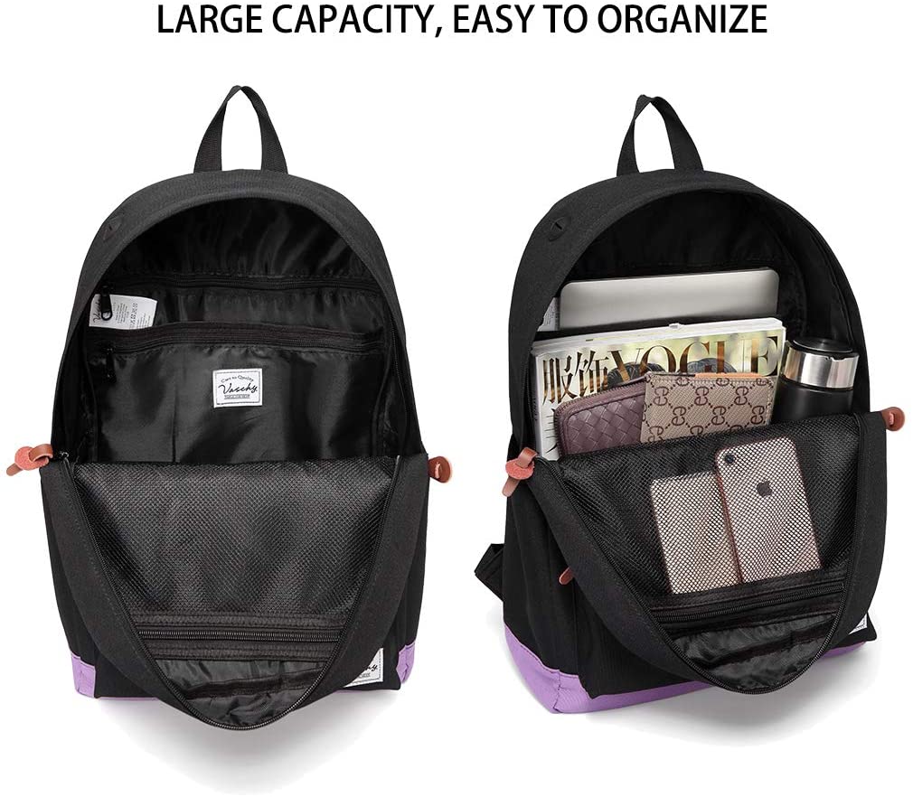VASCHY Classic Lightweight Backpack for Women Teen Girls Fits 15-Inch Laptop Water Resistant Campus School Rucksack Travel Daypack (Black Purple) - Image 3
