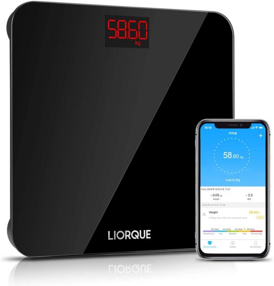 LIORQUE Digital Bathroom Scales Weighing Scale with High Precision Sensors and Smartphone App, Bluetooth Scales for Body Weight and BMI (lb/kg), White