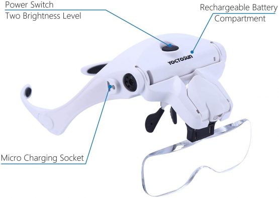 YOCTOSUN LED Head Magnifier, Rechargeable Hands Free Headband Magnifying Glass with 2 Led Professional Jeweler's Loupe Light Bracket and Headband are Interchangeable - Image 4
