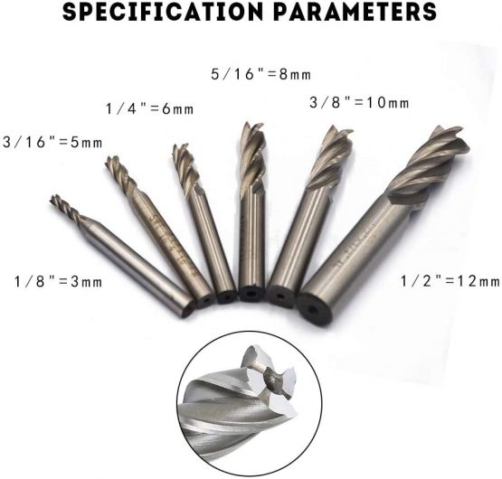 Oudtinz 1/8" 3/16" 1/4" 5/16" 3/8" 1/2"high Speed Steel HSS 4 Flute Straight End Mill Cutter Set of 6 - Image 2