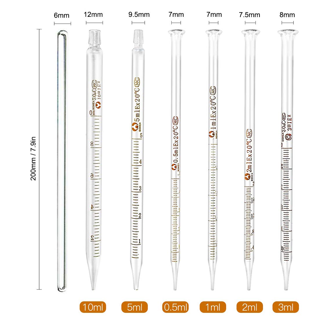 Glass Pipettes, JESSTOLO 6pcs Glass Graduated Dropper Pipette 0.5ml,1ml,2ml,3ml,5ml,10ml with Rubber Cap - Image 2