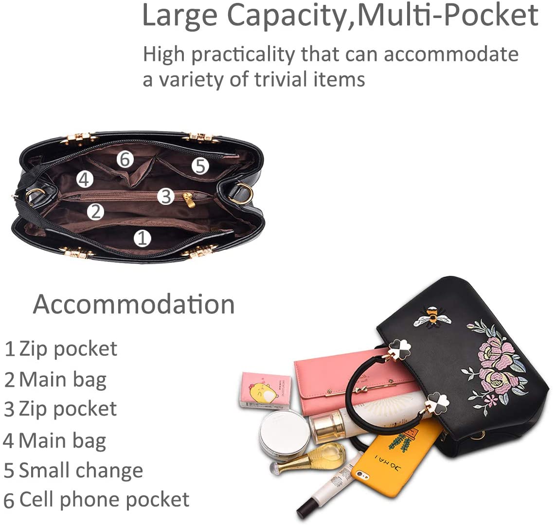 NICOLE&DORIS Women Top Handle Handbags Retro Crossbody Bag Ladies Fashion Shoulder Bag Purse Tote Embroidery Grey flower - Image 4