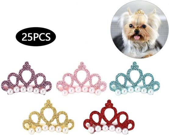 25Pcs Dog Hair Clips Crown Shape Pet Hairpin Pearls Pet Princess Clips Cute Cat Hair Clips Bows Puppy Grooming Hair Accessories for Small Medium Dogs