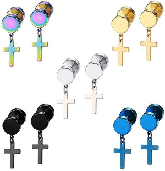 Epoch World 5 Pairs Black Earrings Studs Stainless Steel Plugs Screw Studs Earrings Set for Men Women Boys, Men Earrings Studs, Cross Earrings for Men Dangle, Silver Earrings Studs Gold Piercing 8MM
