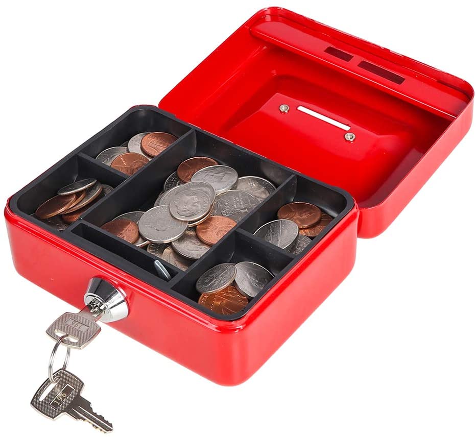 Small Cash Box with Lock and Coin Slot for Kids Parrency Small Lock Box with Money Tray, 4.9 x 3.7 x 2.3 inch, Red - Image 2