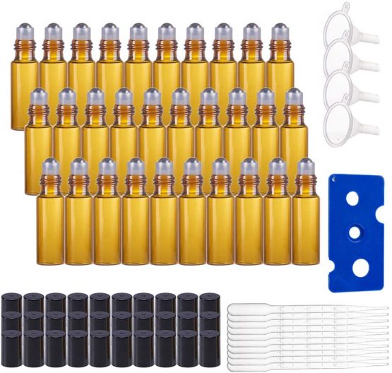 BENECREAT 30 Pack 5ml Amber Glass Roller Bottles Essential Oils Roller Bottles with Stainless Steel Roller Balls for Essential Oils/Other Liquids