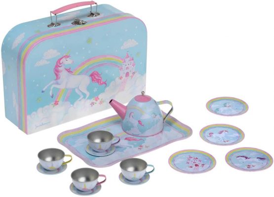 Jewelkeeper 15 Piece Kids Pretend Toy Tin Tea Set & Carrying Case - Rainbow Unicorn Design - Image 2