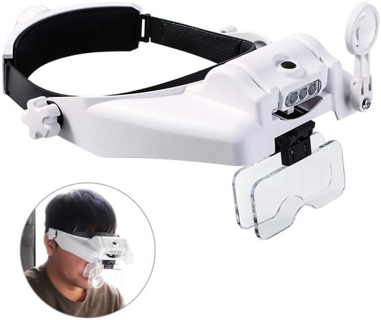Lighted Head Magnifier With Detachable LEDs, Handsfree Reading Head Mounted Magnifying Visor Headset Helmet Magnifier Loupe for Close Work/Sewing/Crafts/Reading/Repair/Jewelry Making (1X to 14X)