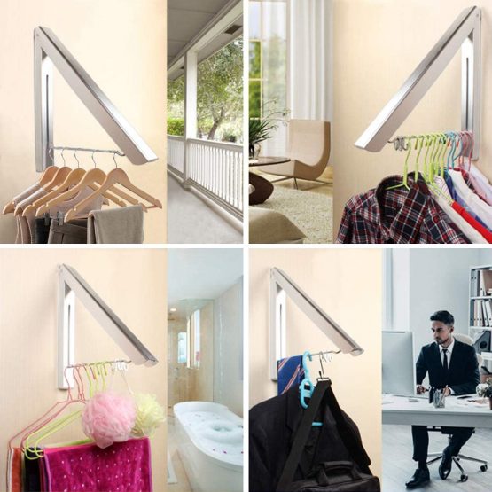LIVEHITOP Clothes Rack Hanger, Foldable Wall Mounted Clothes Airer Coat Dryer Aluminum Space Saving Clothing Organiser for Laundry Bedroom Indoor Outdoor (Silver) - Image 2