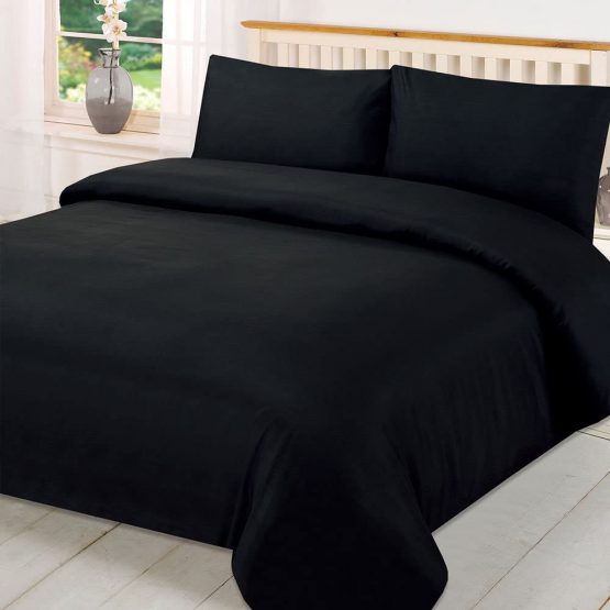 Brentfords Plain Dye Duvet Quilt Cover with Pillow Cases Bedding Set - Black, King
