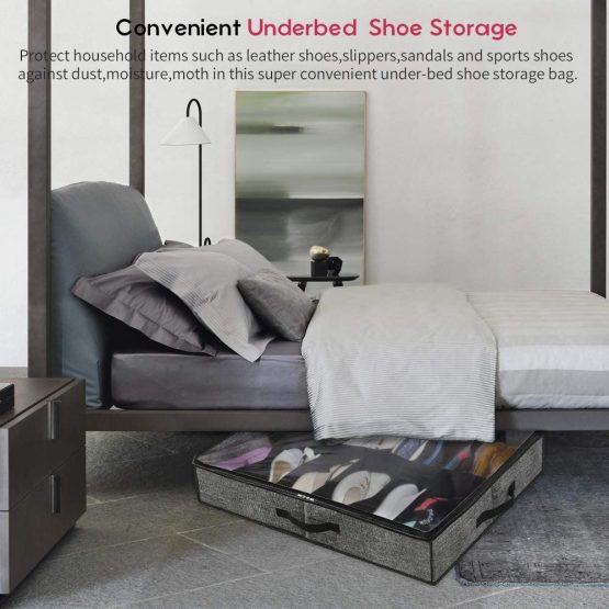 homyfort Large Heavy Duty Underbed Shoe Storage Bag with Clear Lid, Under Bed Shoes Tidy Organiser, Foldable Fabric Holder Closet, 12 Pockets x 2, 74.5 x 60 x 15 cm, Linen-like Black Pattern, XAUBSB2P - Image 3