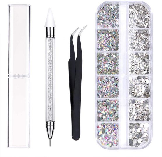 Kungfu Mall 4 Sizes AB Nail Crystals Clear Rhinestones and Art Rhinestones with Pick Up Tweezer and Rhinestone Picker Dotting Pen, Nail Art Tools for Crafts Nail and Face