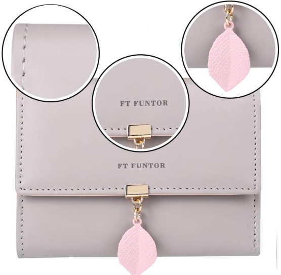 FT FUNTOR PU Leather Wallet for Women RFID-Blocking, Ladies Bifold Leaf Pendant Coin Zipper Small Purse with 5 Card Slots and 1 ID Window Card Holder Organizer (Grey) - Image 4