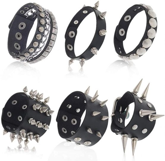 falllea 6 Pcs Unisex Black Metal Spike Studded Punk Bracelet Leather Rivets Bracelet Cuff for Mens Womens Rock Vintage Gothic Style Adult