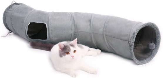 OHANA S Form Collapsible Cat Tunnel Toy in suede, Large cat tunnels for indoor cats rabbits with 2 holes and suspended ball Dia27*117cm