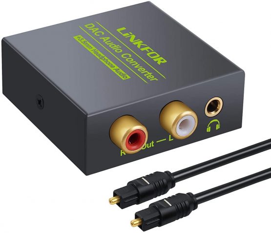 LiNKFOR DAC Converter Digital to Analog Converter Digital SPDIF Toslink to Analog Stereo Audio RCA L/R Audio Adapter with Optical Cable 3.5mm Jack Output for HDTV Blu Ray DVD Sky HD Amps TV Box