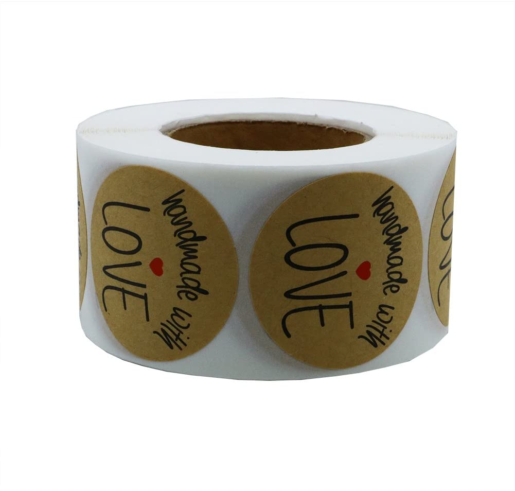 Hylabelest 1.5 Inch Round Handmade with Love Stickers Natural Kraft Hand Made Labels Total 500 Adhesive Labels Per Roll (1.5") - Image 2