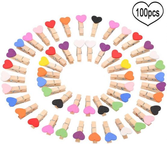 LIZHIGE Colorful Wooden Clips,100 pcs Mini Wooden Pegs, Mini Wooden Craft Clips,Photo Pegs for Craft and DIY Decoration, wedding pegs(Colored Heart)
