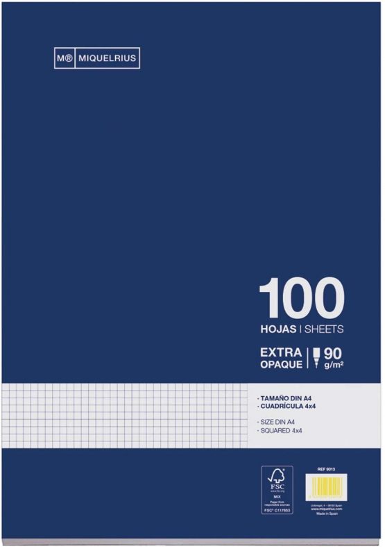 Miquelrius Refill 100 Sheets, 4 mm Grid, A4 Size, 4 Drills, 90 gr Paper Without Drills A4