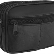 Men's Black Leather Waist Bag with Fixed Belt Loop, Money Belt