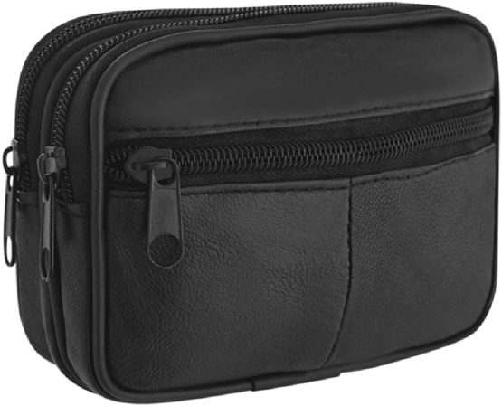 Men's Black Leather Waist Bag with Fixed Belt Loop, Money Belt