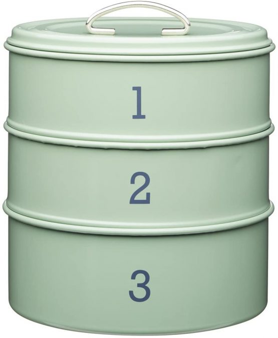 KitchenCraft Living Nostalgia 3-Tier Airtight Metal Cake Storage Tin, 22 x 27 cm (8.5" x 10.5") - English Sage