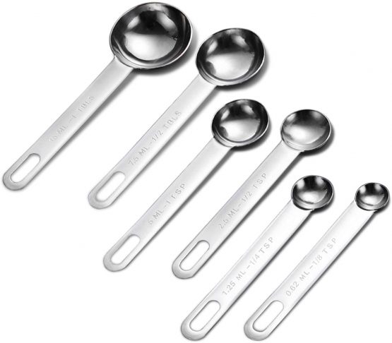 AOOSY 6-Piece Measuring Spoon Set Stainless Steel Spoon Round Durable Mirror Polished 1/8 TSP, 1/4 TSP, 1/2 TSP, 1 TSP, 1/2 TBLS & 1 TBLS Measure Spoons for Cooking Baking Silver