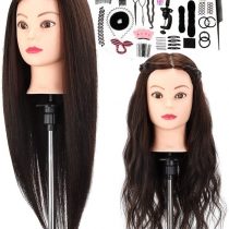 Hairdressing Head Neverland 50% Real Hair Training Head 22 Inch Cosmetology Mannequin Styling Dolls Head for Hairdressers Practice Braiding/Styling/Cutting/Curling with Clamp and Braid Set