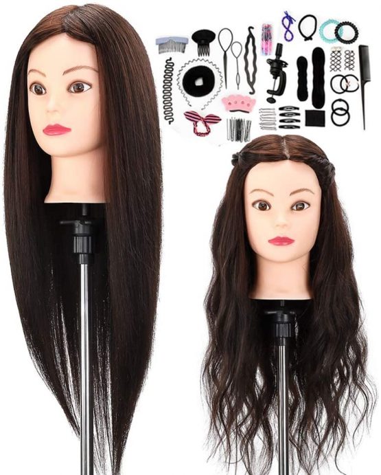 Hairdressing Head Neverland 50% Real Hair Training Head 22 Inch Cosmetology Mannequin Styling Dolls Head for Hairdressers Practice Braiding/Styling/Cutting/Curling with Clamp and Braid Set