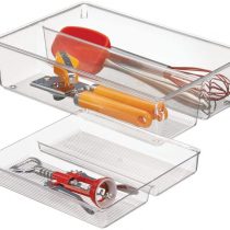 mDesign 2-Piece Kitchen Drawer Organiser for Kitchen Utensils and Tools - Cutlery Tray and Kitchen Utensil Holder - 2 Sliding Trays with 2 Compartments Each - Clear