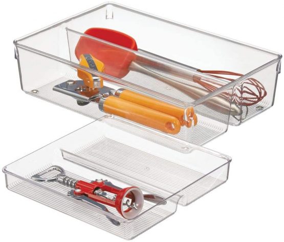 mDesign 2-Piece Kitchen Drawer Organiser for Kitchen Utensils and Tools - Cutlery Tray and Kitchen Utensil Holder - 2 Sliding Trays with 2 Compartments Each - Clear