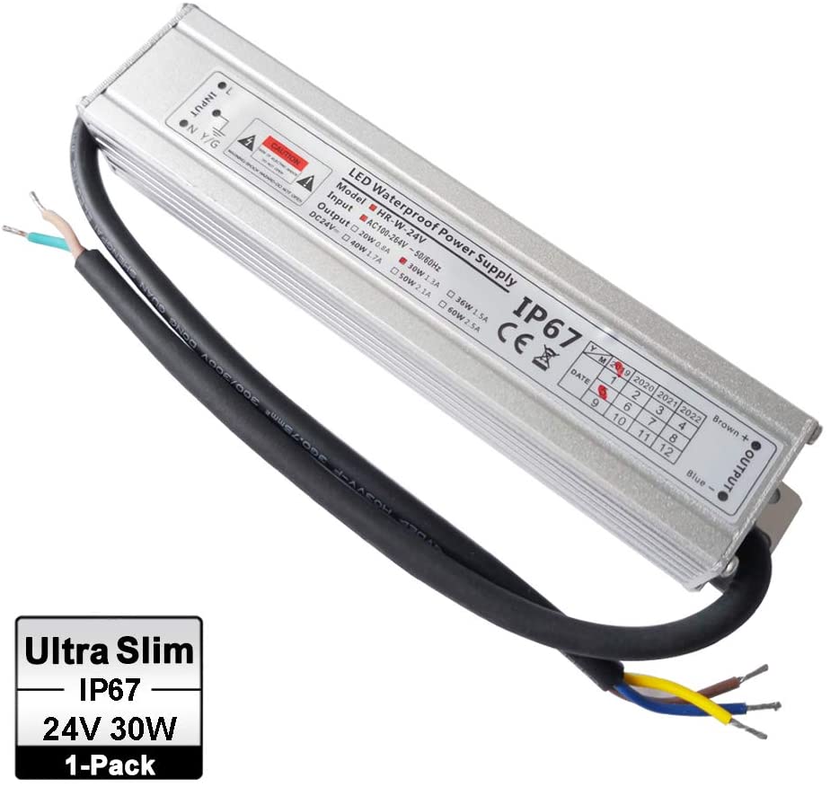 VARICART Outdoor IP67 Waterproof 24V LED Driver 30W 1.25A, Ultra Slim Constant Voltage LED Transformer Adapter