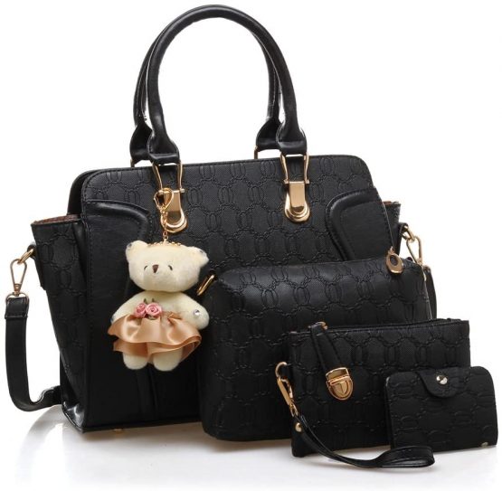 MORGLOVE New Fashion Women PU Leather Handbag Messenger Bag Shoulder Bag Tote Bag Bear Key Chain Card Purse in Black （4 Pcs Set）