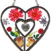 Gifts for Mom from Son Daughter, Heart Suncatchers Window decor Wind Chime with Pressed Flower, Stained Glass Handicraft Engraved Mom, Mother's Gifts for Mother' day Christmas Thanksgiving Ornament