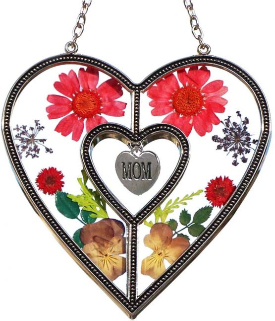 Gifts for Mom from Son Daughter, Heart Suncatchers Window decor Wind Chime with Pressed Flower, Stained Glass Handicraft Engraved Mom, Mother's Gifts for Mother' day Christmas Thanksgiving Ornament