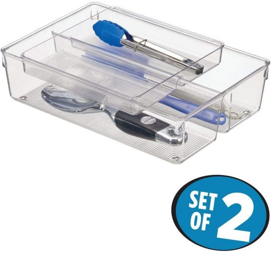 mDesign 2-Piece Kitchen Drawer Organiser for Kitchen Utensils and Tools - Cutlery Tray and Kitchen Utensil Holder - 2 Sliding Trays with 2 Compartments Each - Clear - Image 2