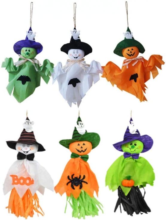 AOFOX 6 Pieces Halloween Hanging Ghost, Pumpkin Ghost Straw Windsock Pendant for Halloween Patio Lawn Garden Party Decorations